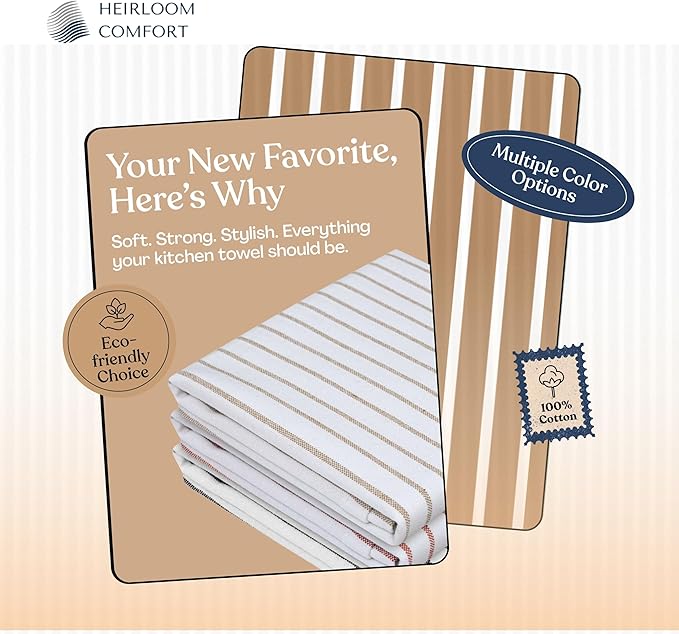 Multi Colors Kitchen Towels 3 Pack, 100% Cotton, Classic Striped Towel Set, Super Absorbent & Durable Dish Cloths, Quick Drying Fabric for Drying Dishes - Beige, Rust, Black