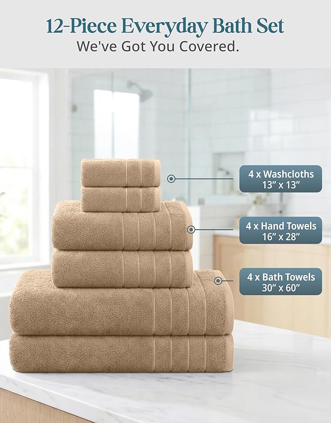 Casa Platino 12 Pcs Premium Cotton Towel Set - Soft, Absorbent & Perfect Family Set - 4 Bath, 4 Washcloths, 4 Hand Towels for Bathroom - Ideal for Home, Spa & Gym - Quality You Can Trust - Beige