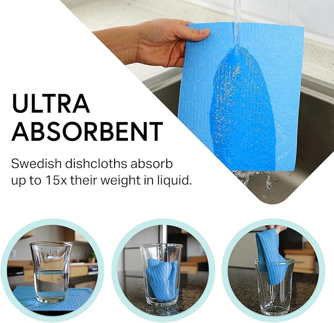 Swedish Wholesale Dishcloths Reusable 8" x 7" Sponge Cloths, Bulk 10 Pack of High Absorbent Cellulose Dish & Kitchen Cleaning Hand Towels, Wring to Dry & Machine Wash, Odor Resistant, White