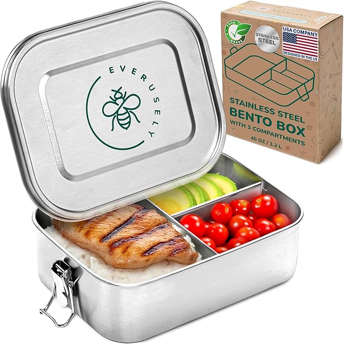 Everusely - Bento Box - Stainless Steel Lunch Box for Adults - 40 oz, 1.2 L - 3 Compartment Snack Container with Removable Silicone Seal + Secure Lock Clips - Non Plastic, Leakproof, Dishwasher Safe