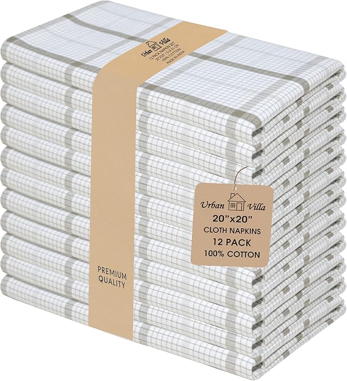 Urban Villa Cloth Napkins 100% Cotton Dinner Napkins Highly Absorbent 20x20 Inches (Set of 12) Tiny Checks Reusable Washable Soft Durable Premium Napkins Ideal for Home Wedding Parties
