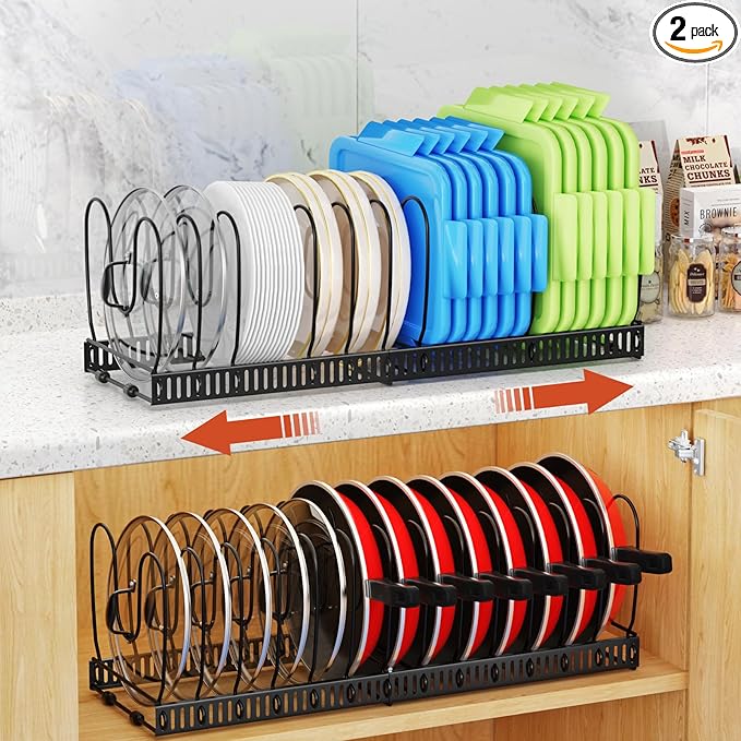 Housolution 2 Pack Pot and Pan Organizer with 14 Adjustable Dividers, 12"-23" Expandable Food Container Lid organizer Compatible with Tupperware, Pan Lid Holder Storage Rack for Cabinet, Black