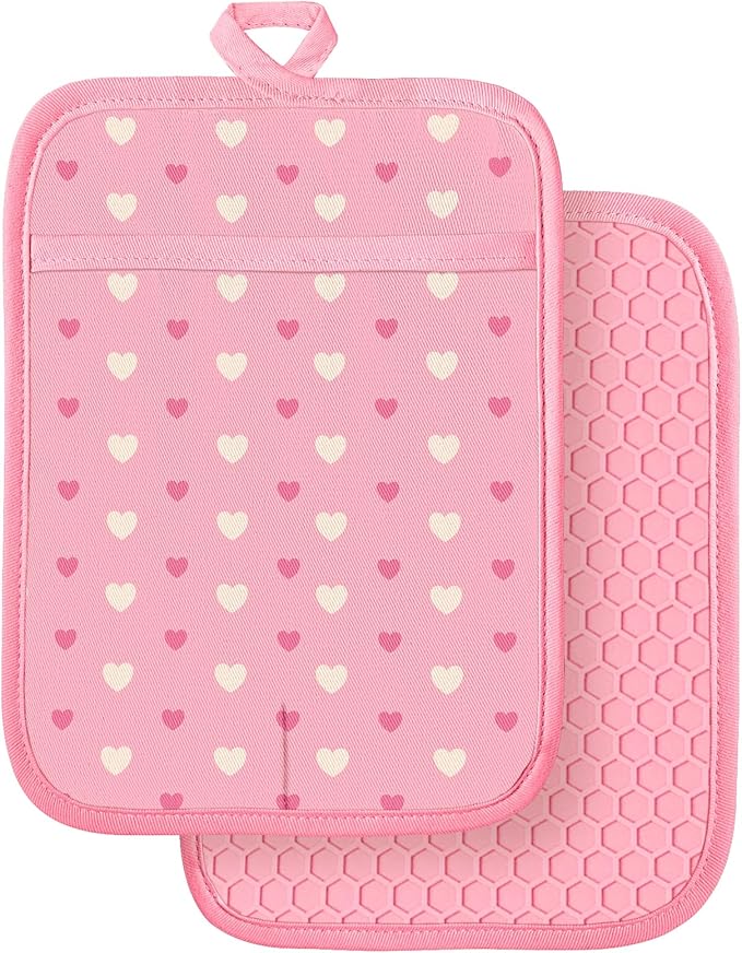 Slohif Silcone Heart Pot Holders for Kitchen - 100% Cotton Pink Cute Oven Potholders with Pockets, Heat Resistant Square Thick Hot Pads, House New Home Baking Baker Gifts,2pack