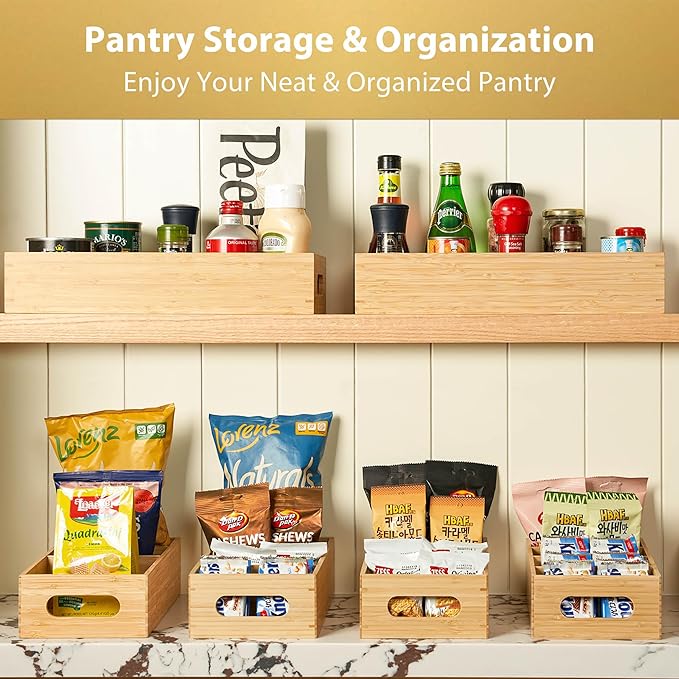 Umilife Bamboo Pantry Organizers and Storage Bins with Removable Dividers, Kitchen Drawer Cabinet Countertop Organization for Snack, Spice Packets, Teabags, Seasoning Pouches (2 Pack)