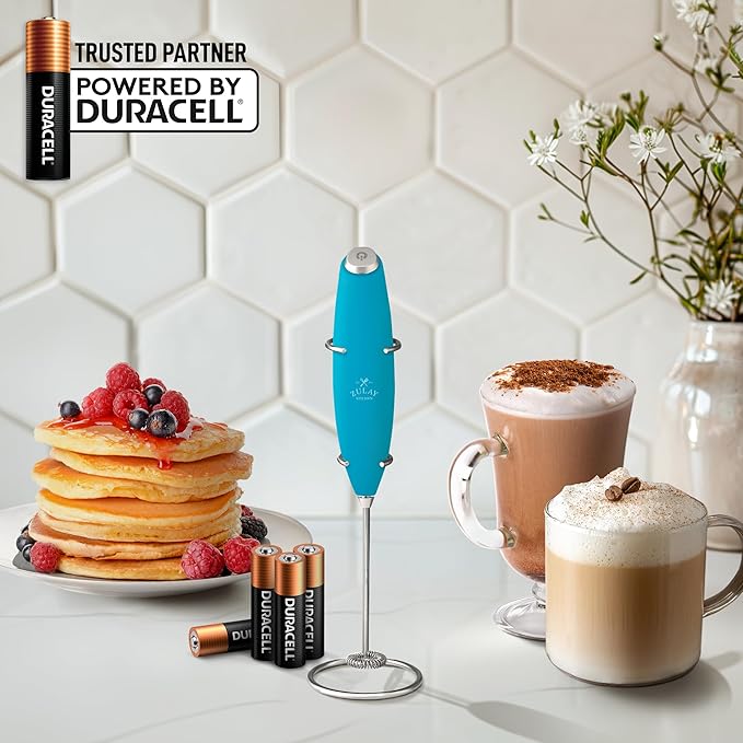 Zulay Kitchen Powerful Milk Frother Wand With 4 AA Duracell Batteries - Ultra Fast Handheld Drink Mixer - Electric Whisk Foam Maker for Coffee, Lattes, Cappuccino, Matcha & Creamer - Blue Teal