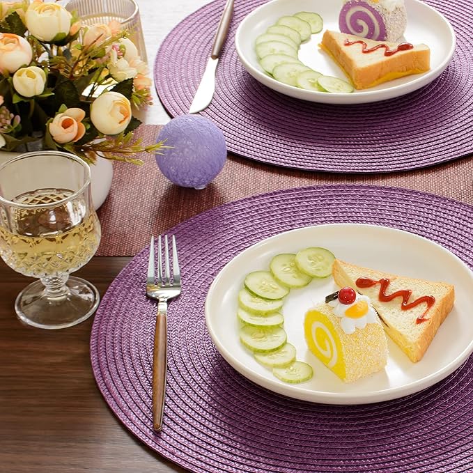 FunWheat Round Braided Placemats Set of 6 Table Mats for Dining Tables Woven Washable Non-Slip Place mats 15 inch(Purple, 6pcs)