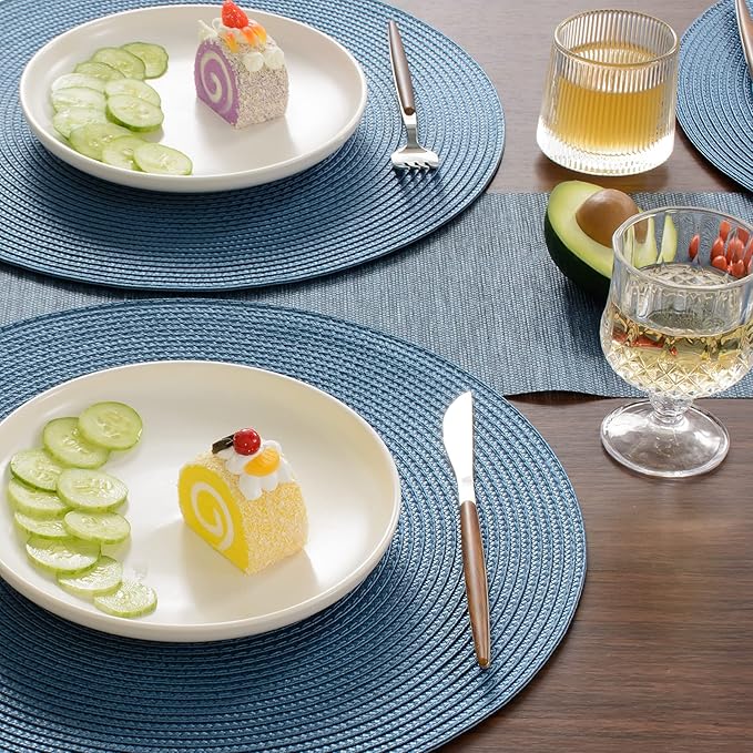 FunWheat Round Braided Placemats Set of 8 Place Mats for Dining Table Woven Washable Non-Slip Table Mats 15 Inch(Blue,8pcs)