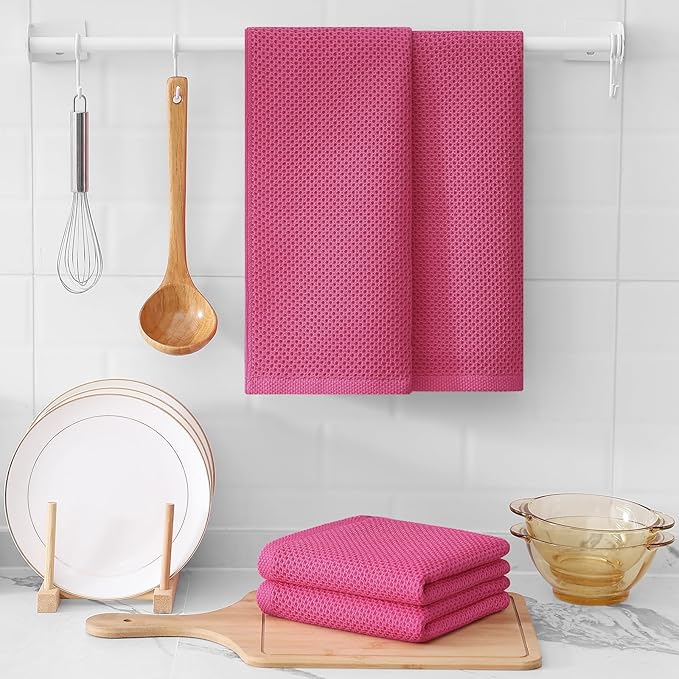 Kitinjoy 100% Cotton Waffle Weave Kitchen Hand Towels (13 X 28 Inches,Hot Pink), 12-Pack Super Soft and Absorbent Dish Towel for Drying Dishes