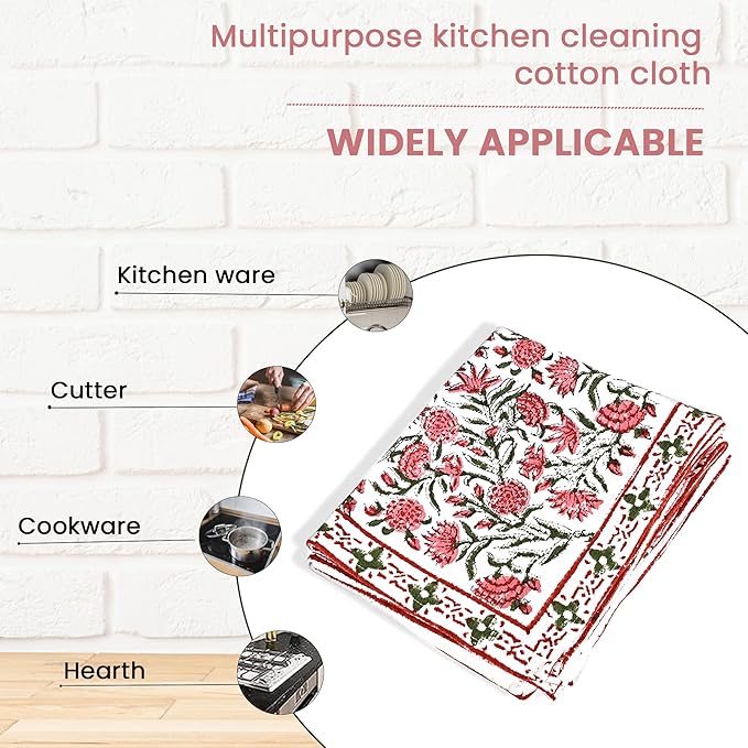 CPC Red Garnet Hand Block Print Waffle Kitchen Towel Set of 3-16 x 28 Inch Ultra Absorbent Quick Dry Cotton Dish Towels Lightweight Reusable Sustainable Tea Towels for Cleaning and Drying