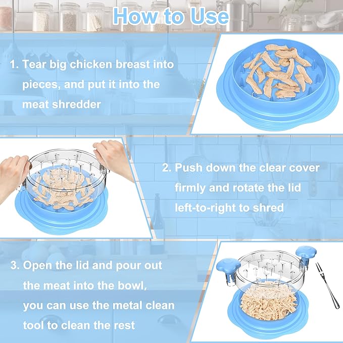 Chicken Shredder Large Chicken Breast Shredder Tool Twist with Brush&Fork, Visible Meat Shredder Machine, Anti-Slip Strip, Ergonomic Handle, BPA Free, Suitable for Pork Beef Chicken(Sky Blue)