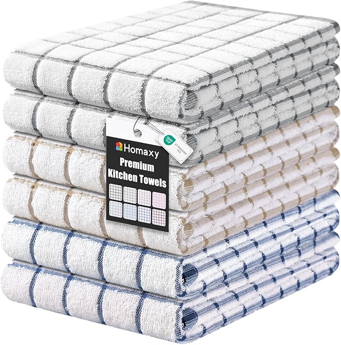 Homaxy Premium Kitchen Towels(16”x 28”, 6 Pack), Large Ring Spun Cotton Dish Towels, Super Absorbent Soft Terry Kitchen Hand Towels, Check Design Tea Towel Set with Hanging Loop, Navy Blue/Grey/Tan