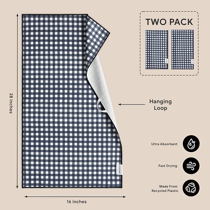 RECYCO Waffle Kitchen Towel Set of 2 - Quick Dry Microfiber Sustainable Dish Towels - Ultra Absorbent Reusable Cleaning Tea Towels - Lightweight Hand Towels,16”x 28”, Navy Blue Plaid