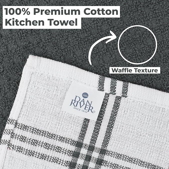 DAN RIVER Premium Kitchen Towels - [Pack of 6] 100% Cotton (16x 26 Inches) -Super Soft,Highly Absorbent, Quick Dry, Dish Towels for Kitchen Towels - Grey