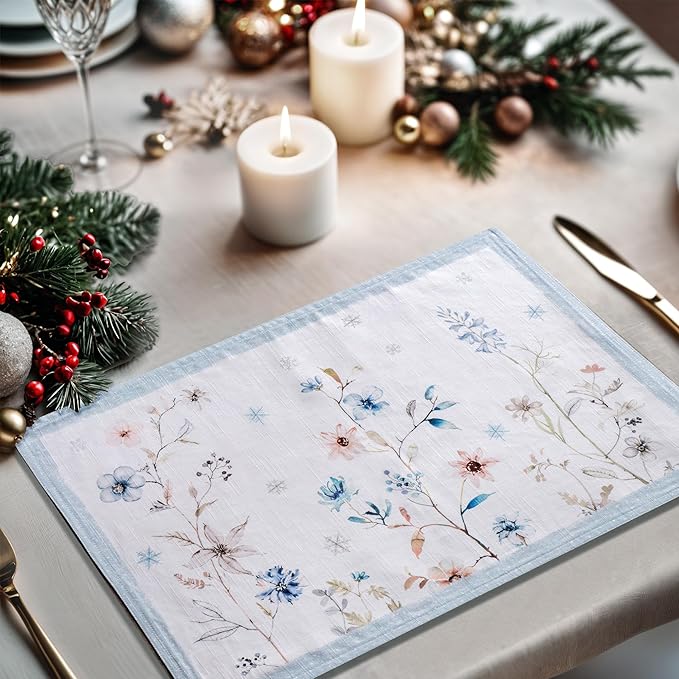 Maison d' Hermine Placemats Set of 4 100% Cotton Washable Cloth Place Mats, Reusable Table Mats for Thanksgiving Christmas Decorations Kitchen Dining Party Wedding Restaurant (Ice Florals, 13" x 19")