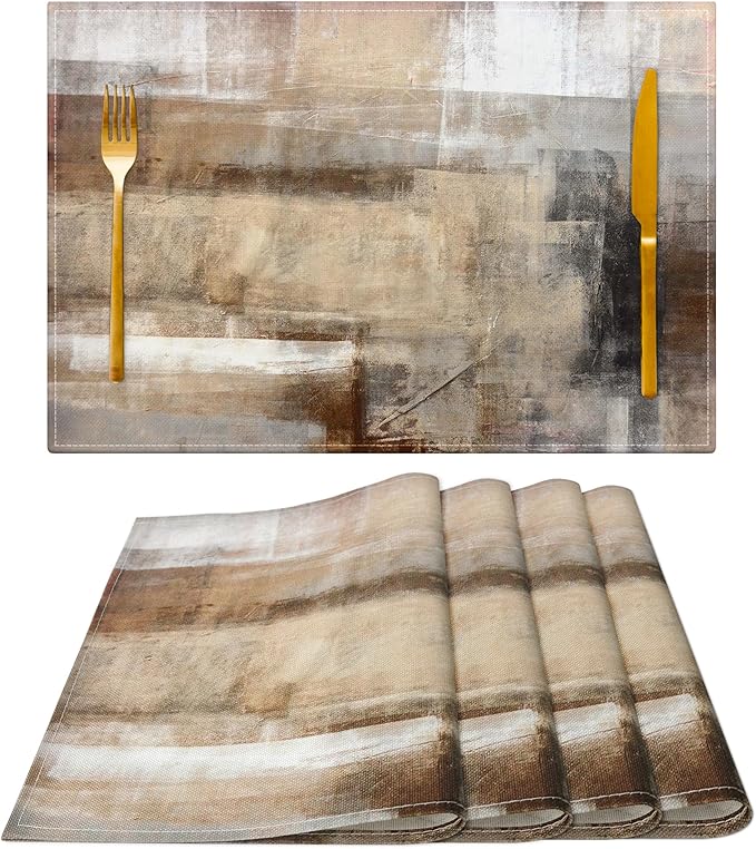 Brown and Gray Placemats Washable, Linen Rectangular Place Mats Set of 4, Dining Table Decor for Living Room, Kitchen, Farmhouse and Outdoor (Brown Grey, 12x18 Inch)