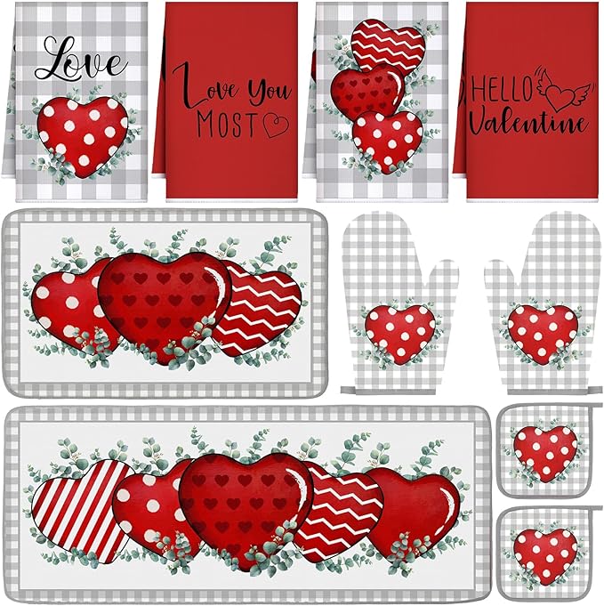VitalCozy Set of 10 Valentine's Day Kitchen Towels Heart Kitchen Mats Oven Mitts and Pot Holders Set Absorbent Red Tea Hand Towels Valentine's Day Decorative Towel for Baking Cooking BBQ
