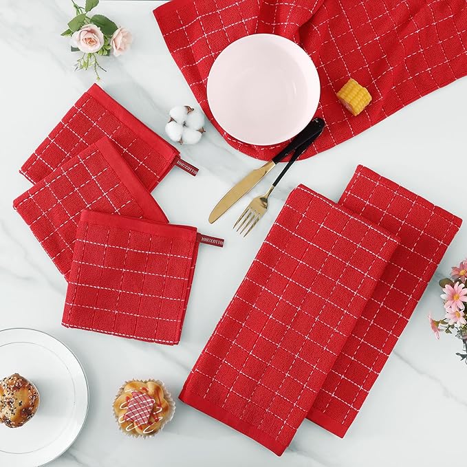 Homaxy Kitchen Towels and Dishcloths Set, 12 x 12 and 13 x 28 Inches, Set of 12 Bulk Cotton Terry Kitchen Towels Set, Checkered Designed, Soft and Super Absorbent Dish Towels, Red