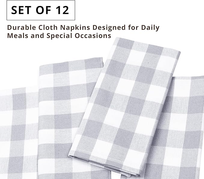 PurpleEssences Buffalo Plaid Cloth Napkins - Mitered Corners - Spring Easter Summer - Gingham Check Dinner Napkin - Set of 12-100% Cotton - 18x18 Inch - Reusable Washable - Grey and White