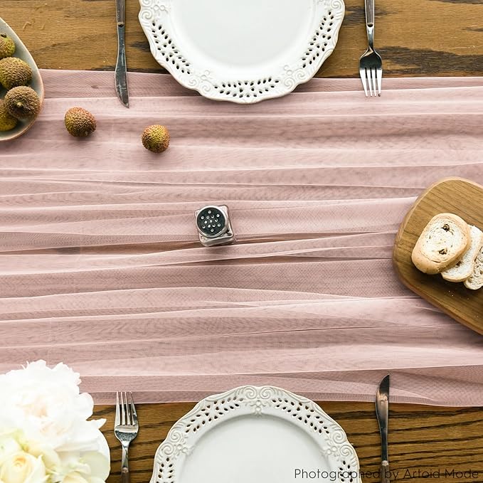 Artoid Mode Dusty Rose Gauze Table Runner 120 Inch 10FT, Seasonal Sheer Kitchen Dining Holiday Wedding Birthday Baby Shower Table Decor for Home Party