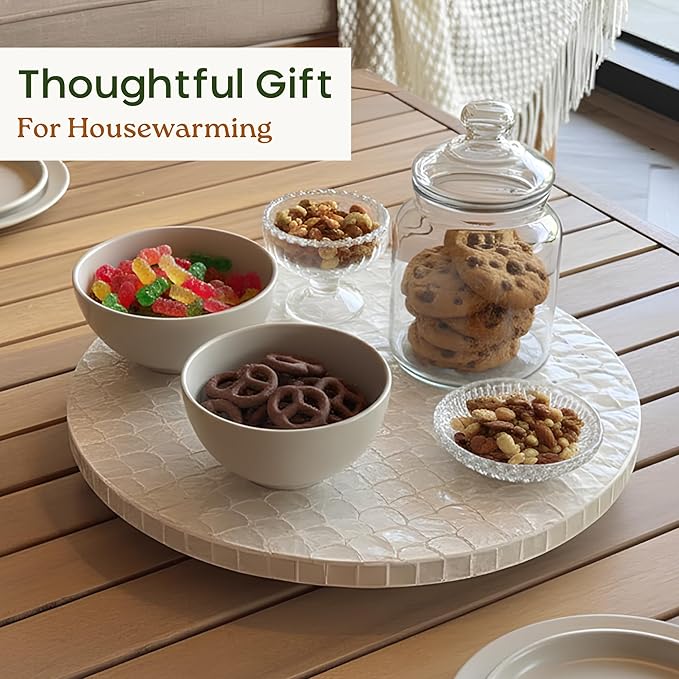 CHI AN HOME 12 Inch Capiz Lazy Susan, Decorative Lazy Susan Turntable Centerpiece for Dining Table, Kitchen Counter, Round Mother of Pearl Capiz Shell Spinning Tray for Countertop & Tabletop (White)