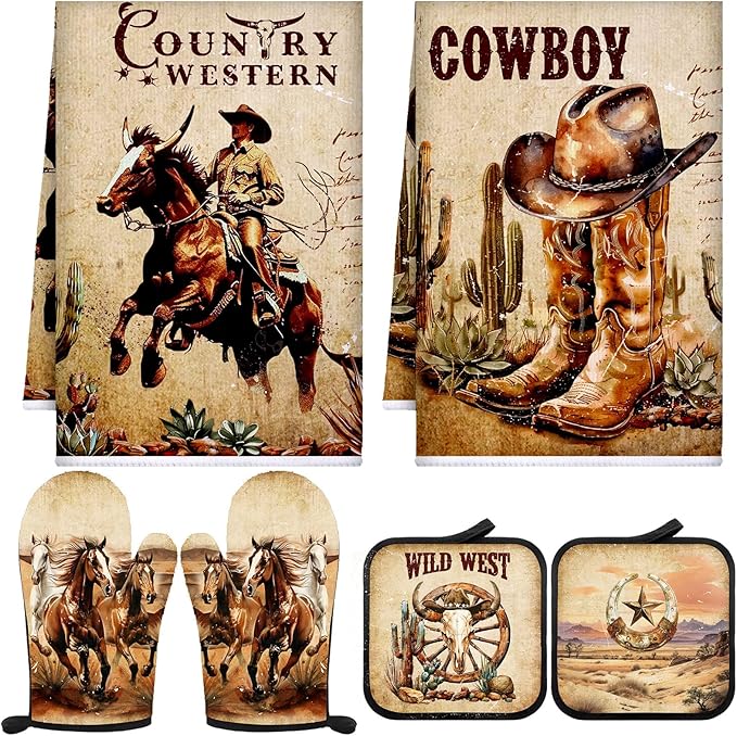 Leinuosen 6 Western Cowboy Kitchen Towels Kitchen Decor and Accessories Set Floral Plant Oven Mitts and Pot Holders Sets Farmhouse Absorbent Dish Towels for Cooking Baking Grilling