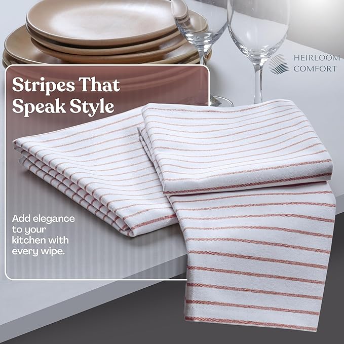 Rust Stripe Dish Towels, 12 Pack, 100% Cotton, Super Absorbent and Quick Dry, Classic Striped Kitchen Towel Set, Durable Wash Cloths for Kitchen Use, Cleaning & Drying Dishes