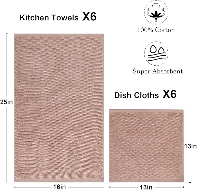 12 Pack Kitchen Towels and Dishcloths Set, 100% Cotton Soft and Absorbent Kitchen Towels 16 x 25 inche & 13 x 13inche Dishcloths