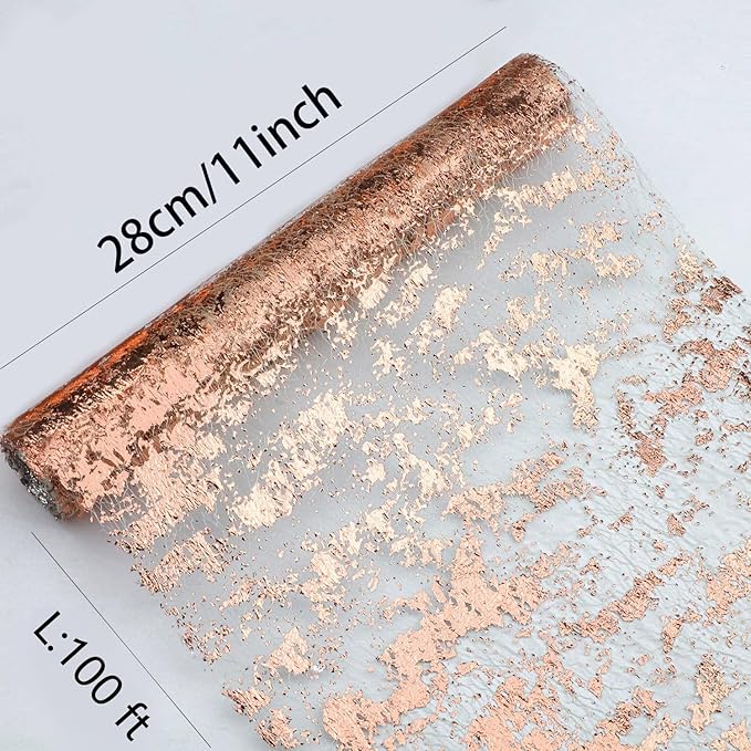 Snowkingdom Rose Gold Table Runner 11 Inch x 100 Feet Glitter Sequin Metallic Pink Thin Mesh Runner Sparkly Table Decorations for Birthday, Wedding, Bridal Shower, Baby Shower Party
