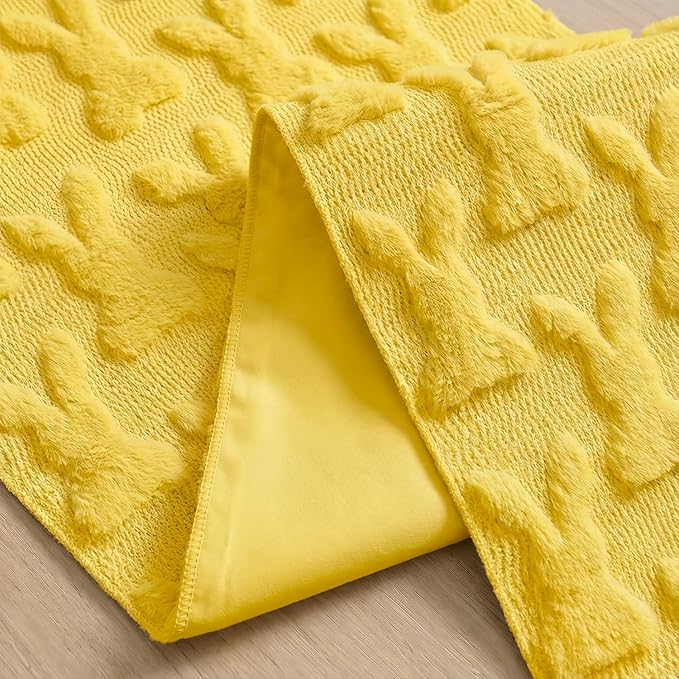 Artoid Mode Pale Yellow Soft Plush Faux Fur Jacquard Bunny Rabbit Easter Table Runner, Seasonal Kitchen Dining Table Decoration for Home Party Decor 13x72 Inch