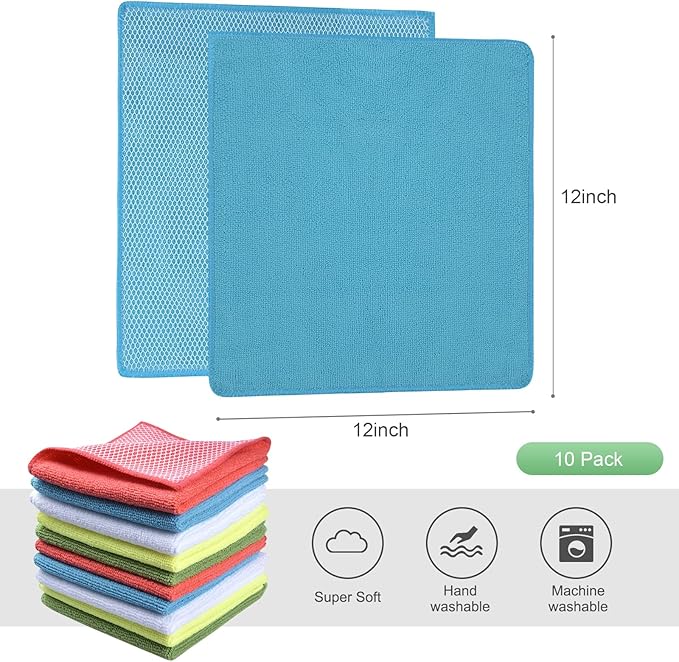 SINLAND Microfiber Dish Cloths for Washing Dishes Towels Best Kitchen Washcloth Cleaning Rags Cloths with Poly Scour Side - Used for Plates, Bowls and Dishes, 5 Color Assorted 12inchx12inch 10pack