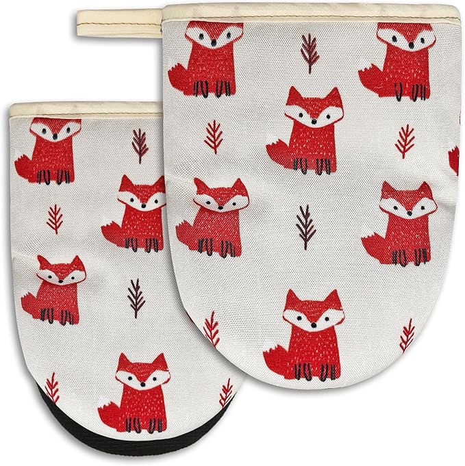 Cute Fox Mini Silicone Oven Mitts 2-Pack Set, Heat Slip Resistant Kitchen Gloves, Soft Oven Mittens for Baking & Cooking