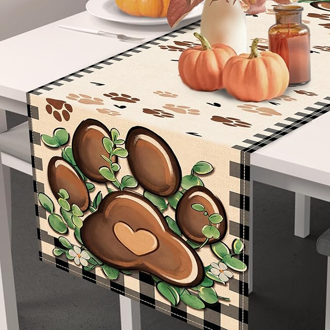 Cat Dog Paw Prints Table Runner, Buffalo Plaid Check Farmhouse Kitchen Dining Table Decoration Pet Lover Gifts, Eucalyptus Leaves Burlap Indoor Outdoor Home Decor Party Supply 13 x 90 Inches
