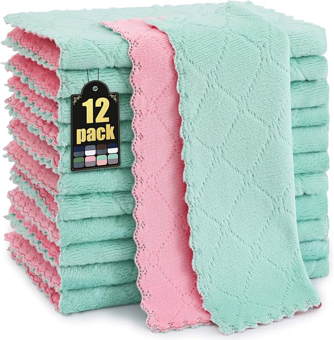 Mordimy 12 Pack Kitchen Cloths Dish Towels (10" x 10", Green & Pink), Super Soft and Absorbent Dish Cloths, Coral Velvet Microfiber Cleaning Cloth, Nonstick Oil Fast Dry Dishcloths