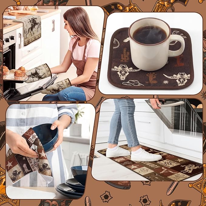 Fourluoo 10 Pcs Western Cowboy Kitchen Decor Brown Oven Mitts and Pot Holders Kit Western Cowboy Kitchen Accessories Vintage Dish Towels Farmhouse Rugs Mats for Home Cooking Baking Housewarming Gifts