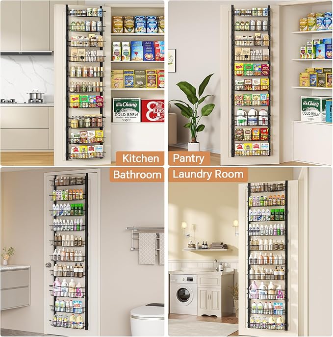 MIAOLI Over the Door Pantry Organizer, 10-Tier Adjustable Spice Rack Cabinet Door Shelves, Hanging Seasoning Organizer for Kitchen Bathroom, Laundry Room Organization, Black
