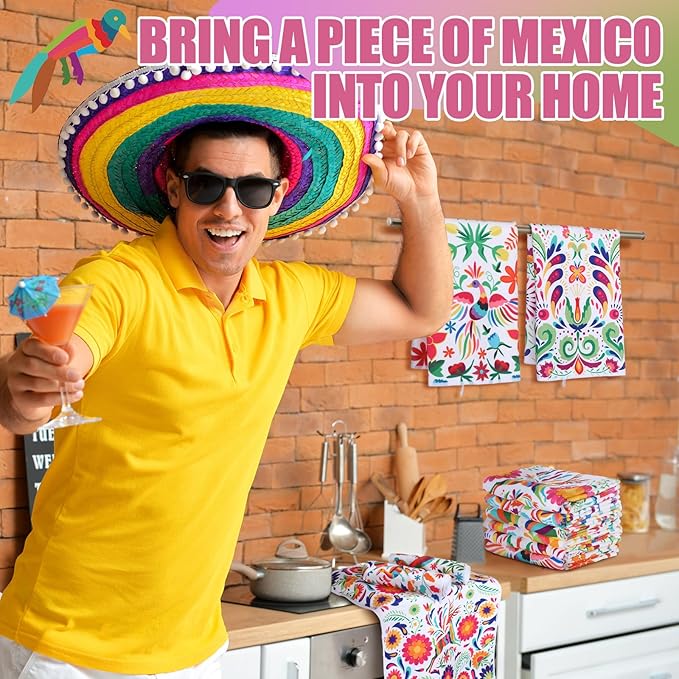 Breling Set of 6 Mexican Kitchen Towels Dia De Los Muertos Decorations Mexican Themed Dish Towel Bathroom Decorative Day of The Dead Hand Cloths Decor for Kitchen Bathroom Home Cooking, 14 x 21 Inch
