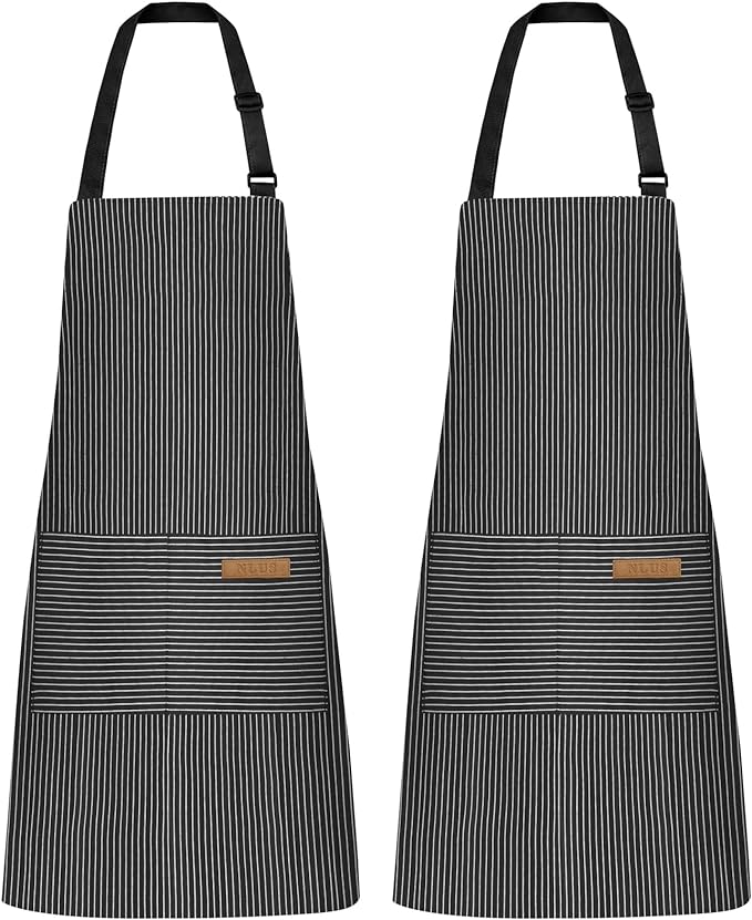 NLUS 2 Pack Kitchen Cooking Aprons, Adjustable Bib Soft Chef Apron with 2 Pockets for Men Women (Black Pinstripes)