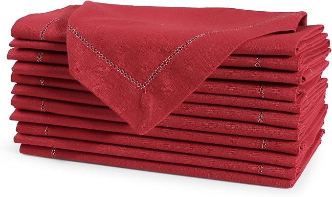 FINGERCRAFT Cloth Napkins, Hemstitch Napkins Cloth, 20x20 Inch Generous Golden Zari Picot Hem, Mitered Corner, Premium Quality Perfect for Parties Dinners Weddings Set of 12 Christmas Color Tango Red