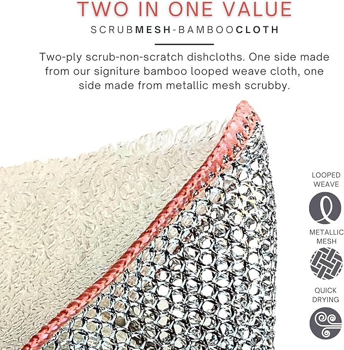 Whiffkitch® Scrubby Cloth – 6-Pack, Dishcloths, Dishrags for Kitchen and Household Cleaning 6x7, 2-Sided, Non-Scratch, Bamboo-Rayon, Scrub Mesh, Quick Dry, Washable, Reusable