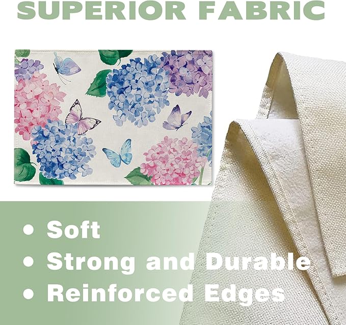 Spring Summer Hydrangea Placemats Set of 4, Pink Blue Purple Flower Butterfly Dining Place Mats Table Decor, Seasonal Floral Home Kitchen Decoration 12 x 18 Inch