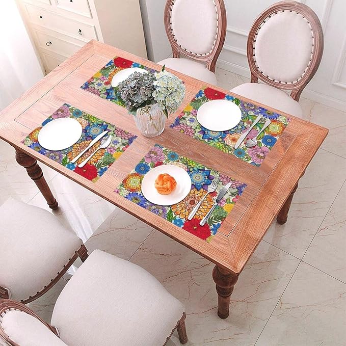 Boho Floral Linen Placemats Set of 4, 12x18 Inch Colorful Bohemian Flower Table Mats, Washable Non-Slip Heat Resistant Dining Mats for Kitchen Home Party Farmhouse, Spring Easter Festival Home Decor
