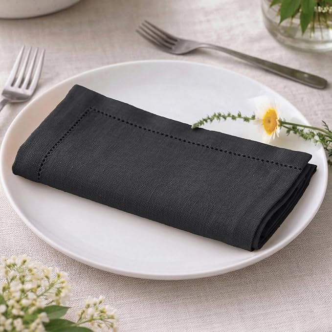 Palisa Charcoal Cotton Napkins Set of 4 | Premium Hemstitch Detailing Cloth Dinner Napkins 18x18 Inch | Soft Washable & Reusable Table Napkins for Everyday Use Weddings Parties Restaurants & Hotels