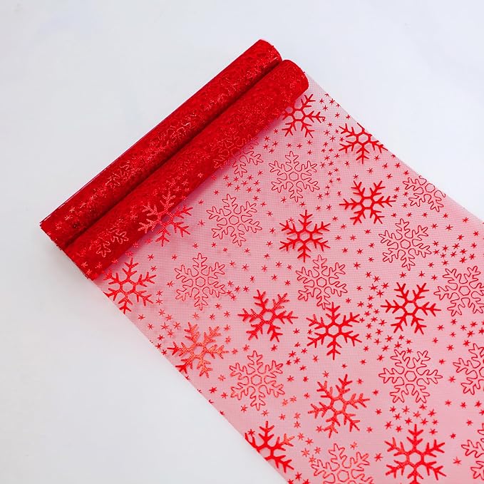 Snowkingdom 2 Pcs Christmas Red Snowflake Table Runner 108 Inch Sparkly Red Foil Glitter Metallic Mesh Runners Dining Kitchen Table Decorations for Seasonal Winter Xmas Festival Holiday Home Party