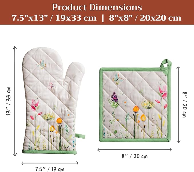 Maison d' Hermine 100% Cotton Oven Mitt & Pot Holder Set (7.5"x13" & 8"x8") Heat Resistant Cooking Gloves with Loop Baking Grilling Kitchen Gifts for Mothers Day Spring/Summer (Botanical Fresh)