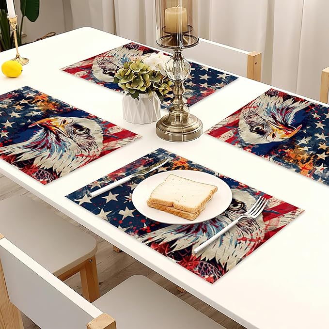 American Flag Placemats Set of 6,Bald Eagle Heat Resistant Table Mats Washable Place Mats for Party Kitchen Farmhouse Home Dining Holiday Decor 12x18 Inch