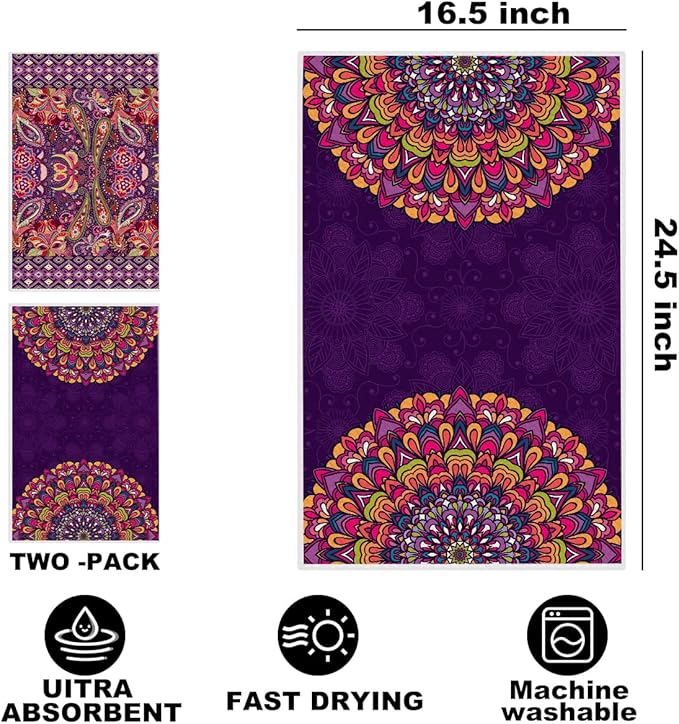 2 Pcs Mandala Kitchen Towels, Soft Absorbent Tea Hand Towel, Microfiber Dish Cloths for Drying Dishes, Waffle Dish Towels for Kitchen Bathroom Home Decor, Housewarming Gifts for Women