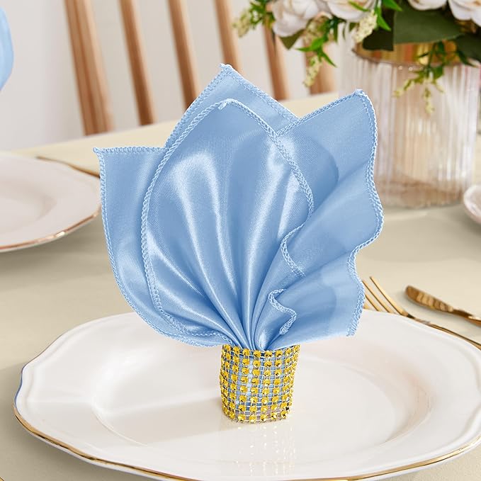 RUDONG M 100 Pcs Light Blue Satin Napkins and Napkin Rings Set, 17 x 17 Inch Square Cloth Napkins Set of 50, Silky Soft Table Napkins Bulk for Weddings, Banquet, Parties Dinner Decoration