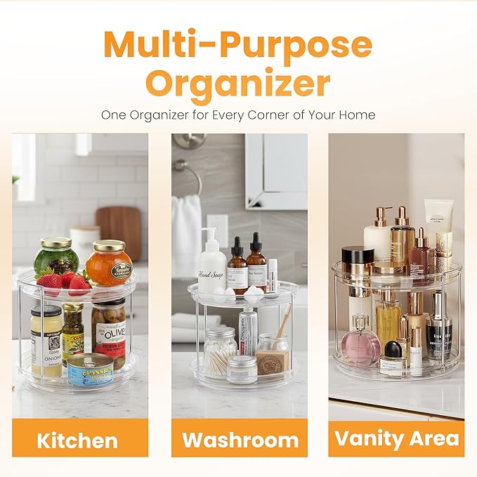 Clear Two Tier Lazy Susan Organizer - 2-Pack Rotating Spice Rack Turntable for Kitchen Cabinet, Countertop, Bathroom or Dining Table - Spinning Carousel Racks for Counter and Pantry Cabinet Storage