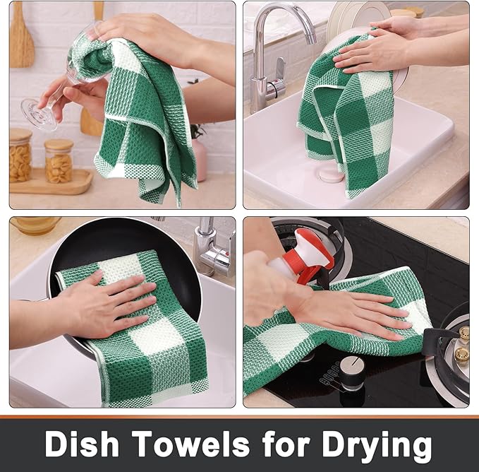 Mordimy 100% Cotton Waffle Weave Kitchen Towels, 13 x 28 Inches, Super Soft and Absorbent Buffalo Check Dish Towels for Drying Dishes, 4-Pack, White & Dark Green