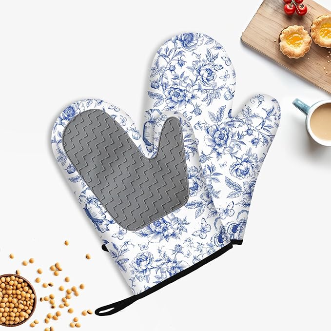 Floral Oven Mitts and Pot Holders Sets of 3, Blue Floral Silicone Oven Mitts Birthday for Flower Lover Kitchen Decor, Botanical Print Heat Resistant Non-Slip Oven Gloves for Mom Wife Sister BFF